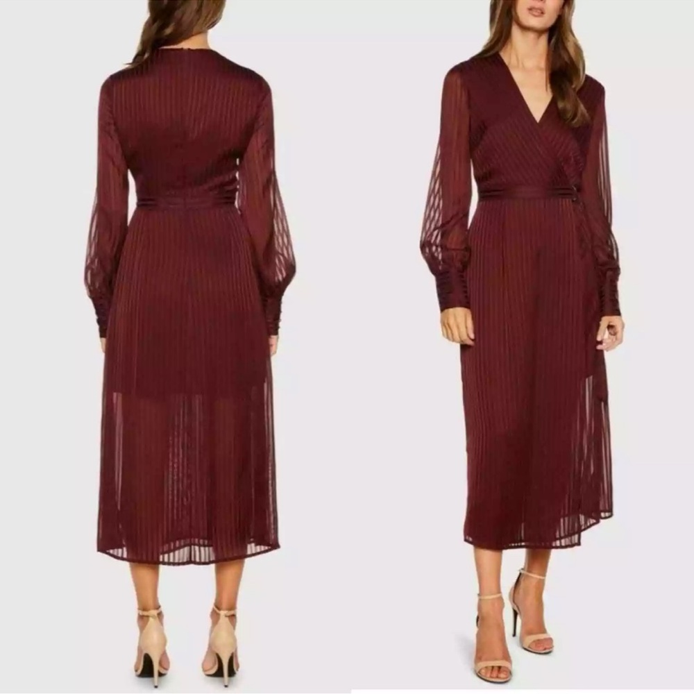 Bardot Burgundy Semi Sheer Stripe Faux Wrap Dress Size 10